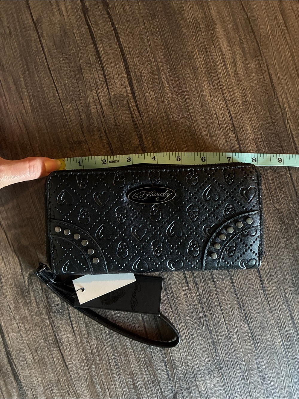 Ed Hardy Black Quilted Heart and Skull Wristlet Wallet with Stud Detail - Picture 8 of 9